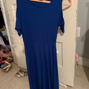 Blue cold shoulder dress.